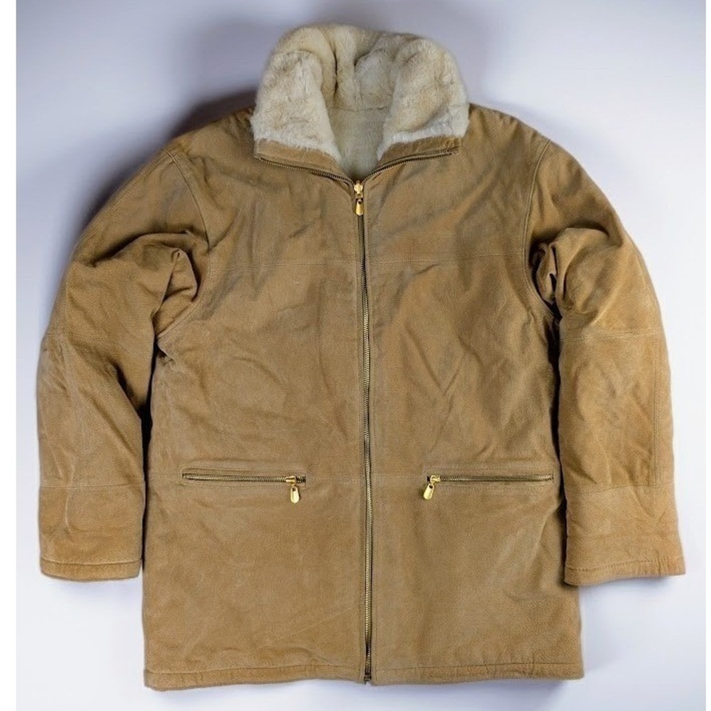 Vintage Tan Suede Faux Fur Lined Reversible Jacket Coat Tan Women's S 90's Y@K